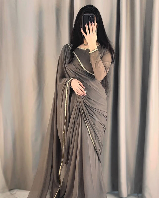 Lace Work Chiffon Saree Stitched