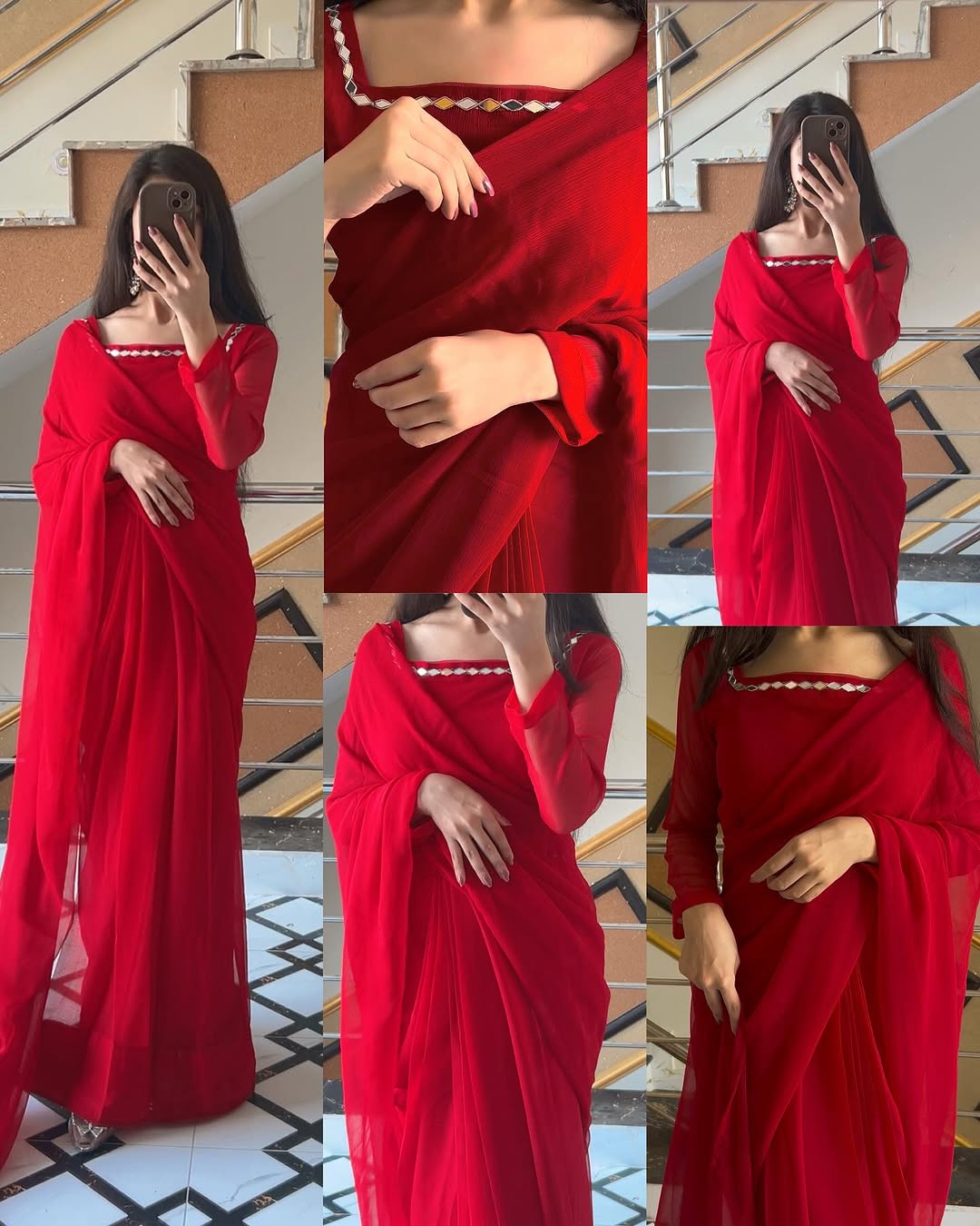 Shama-e-Husn Chiffon Saree Red