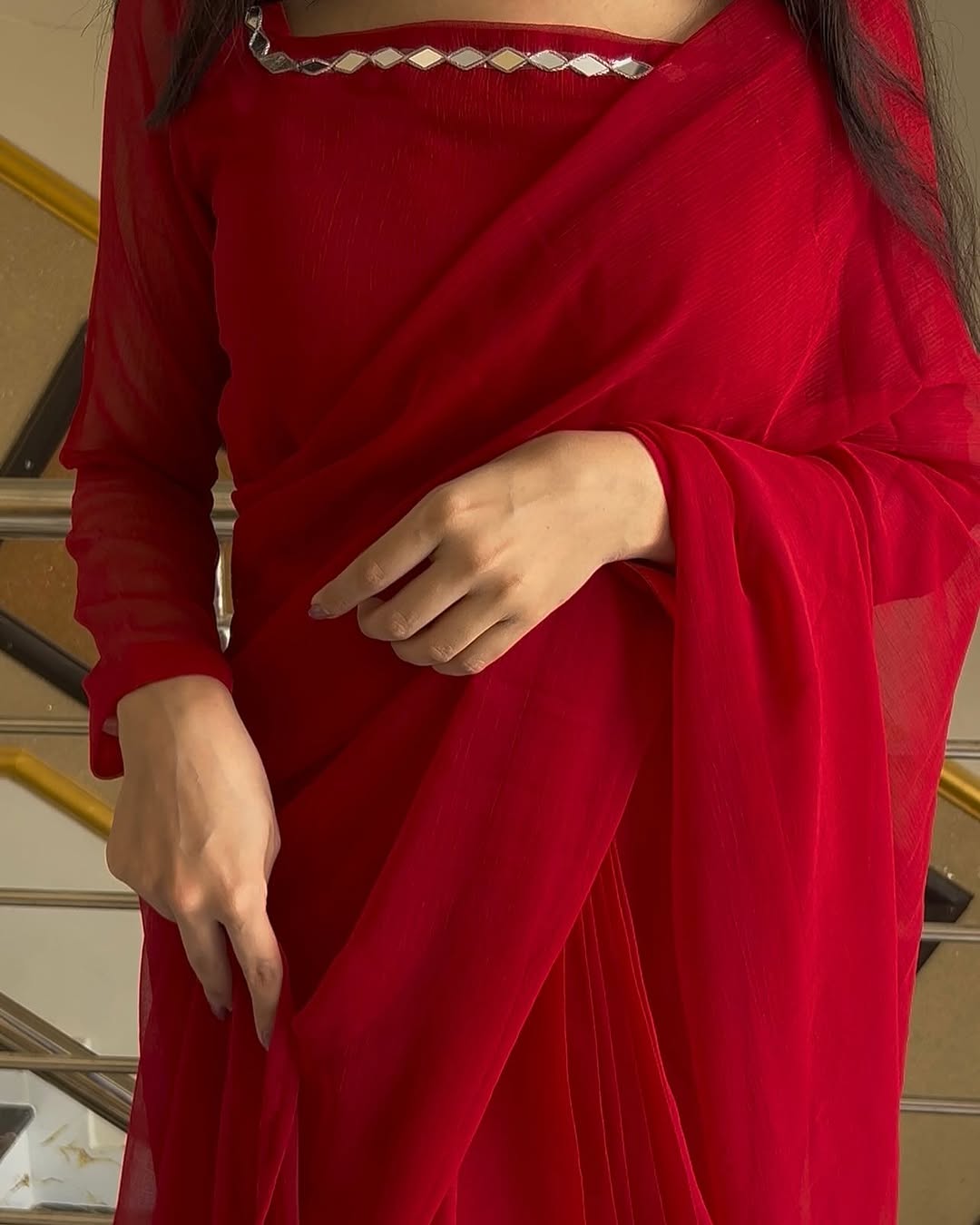 Shama-e-Husn Chiffon Saree Red