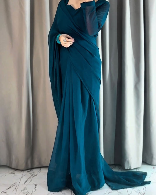 Plain Heart Shaped Neck Grace Signature Chiffon Saree (Stitched)