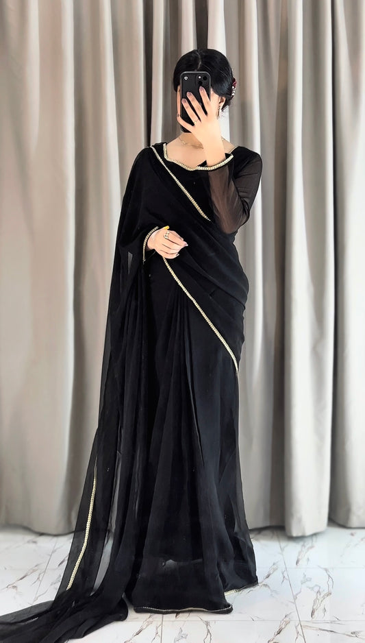 Lace Work Chiffon Saree Stitched