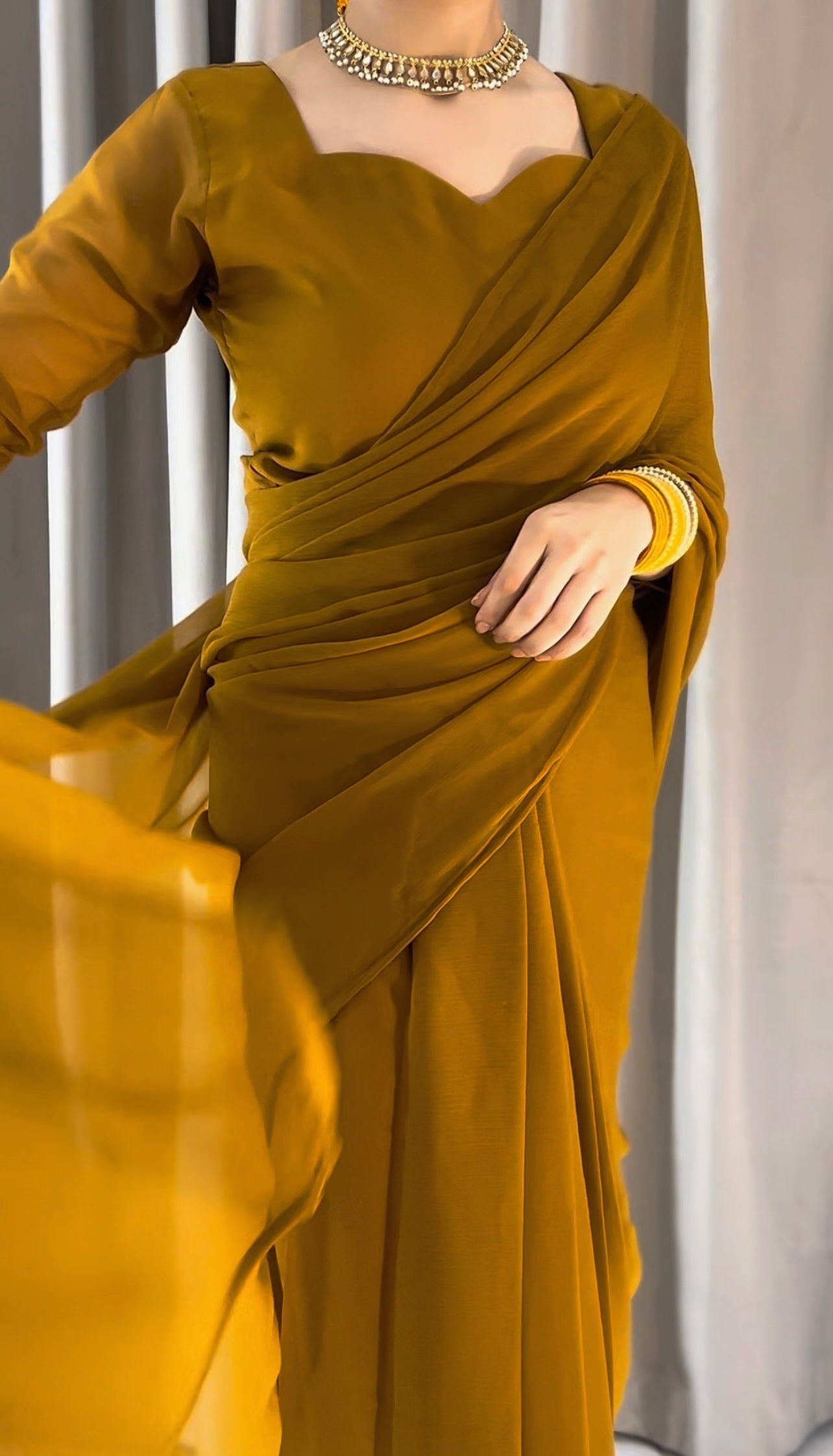 Plain Heart Shaped Neck Grace Signature Chiffon Saree (Stitched)