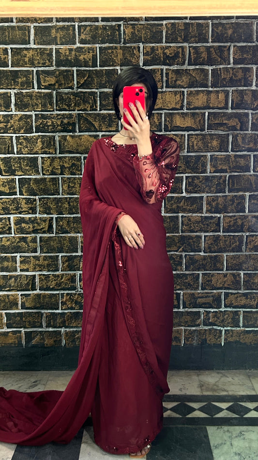 Elegant Embroided Chiffon Pallu Saree