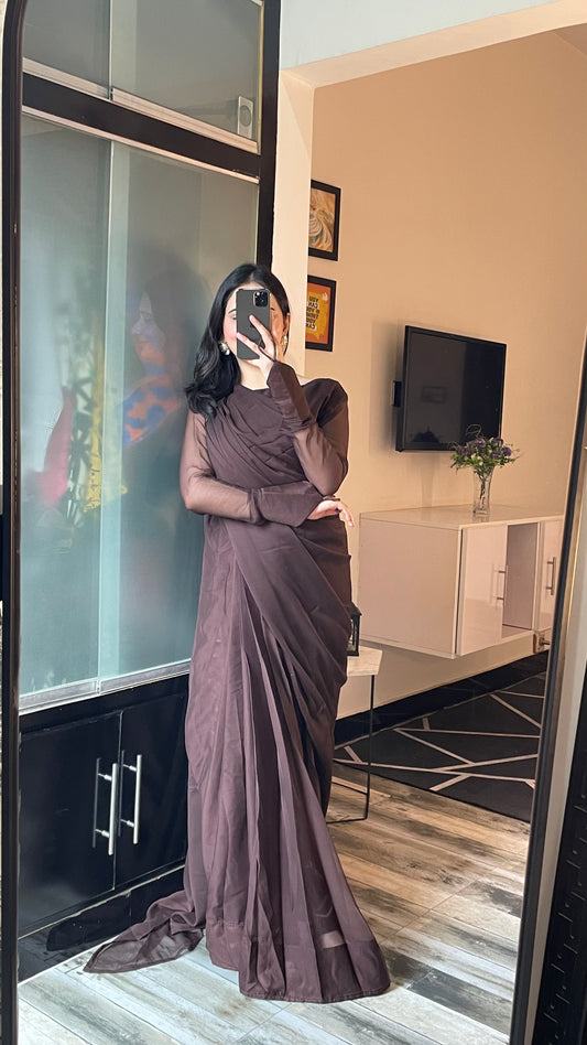 Noor e Chiffon Saree Brown Stitched