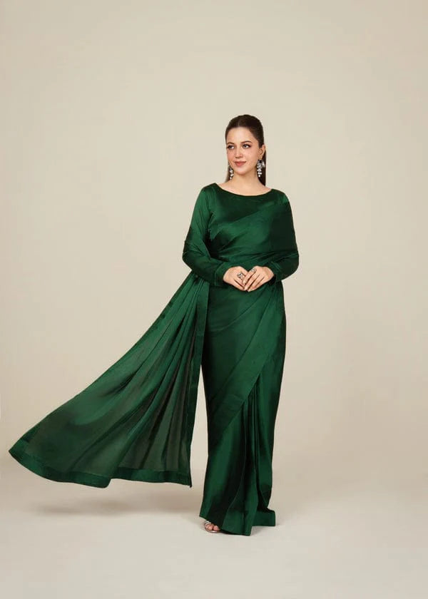 plain poth saree Bottle Green Stitched Plain Silk Saree – Style Nest