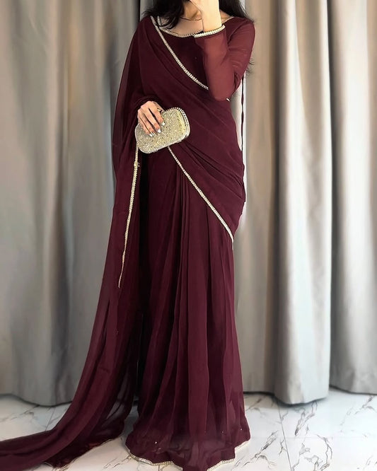 Lace Work Chiffon Saree Stitched