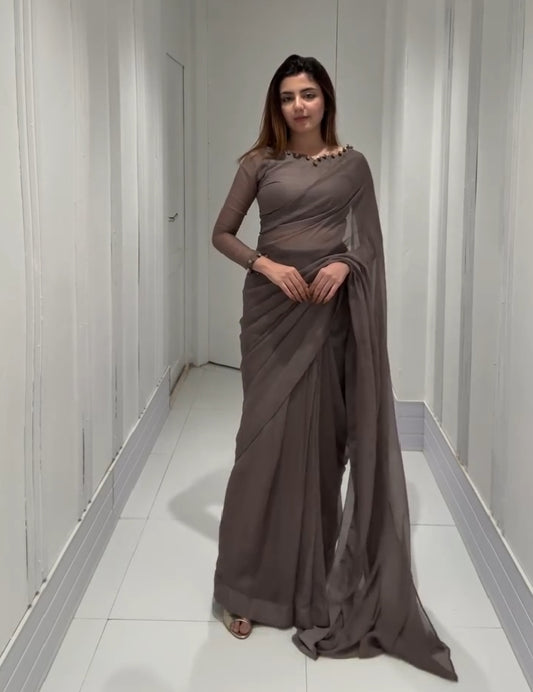 Gulbahar Chiffon Saree - Solid Grey