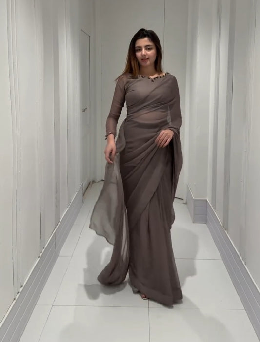 Gulbahar Chiffon Saree - Solid Grey