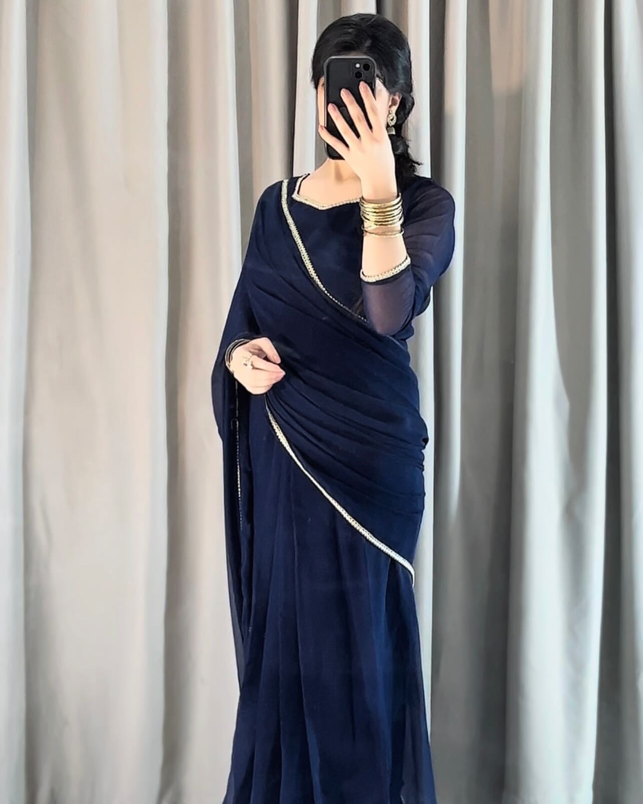 Lace Work Chiffon Saree Stitched