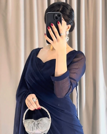 Plain Heart Shaped Neck Grace Signature Chiffon Saree (Stitched)