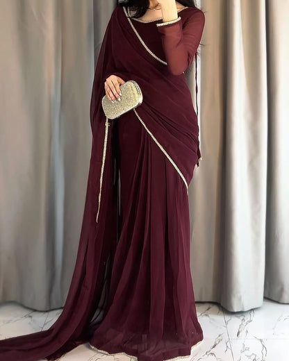 Lace Work Chiffon Saree Stitched