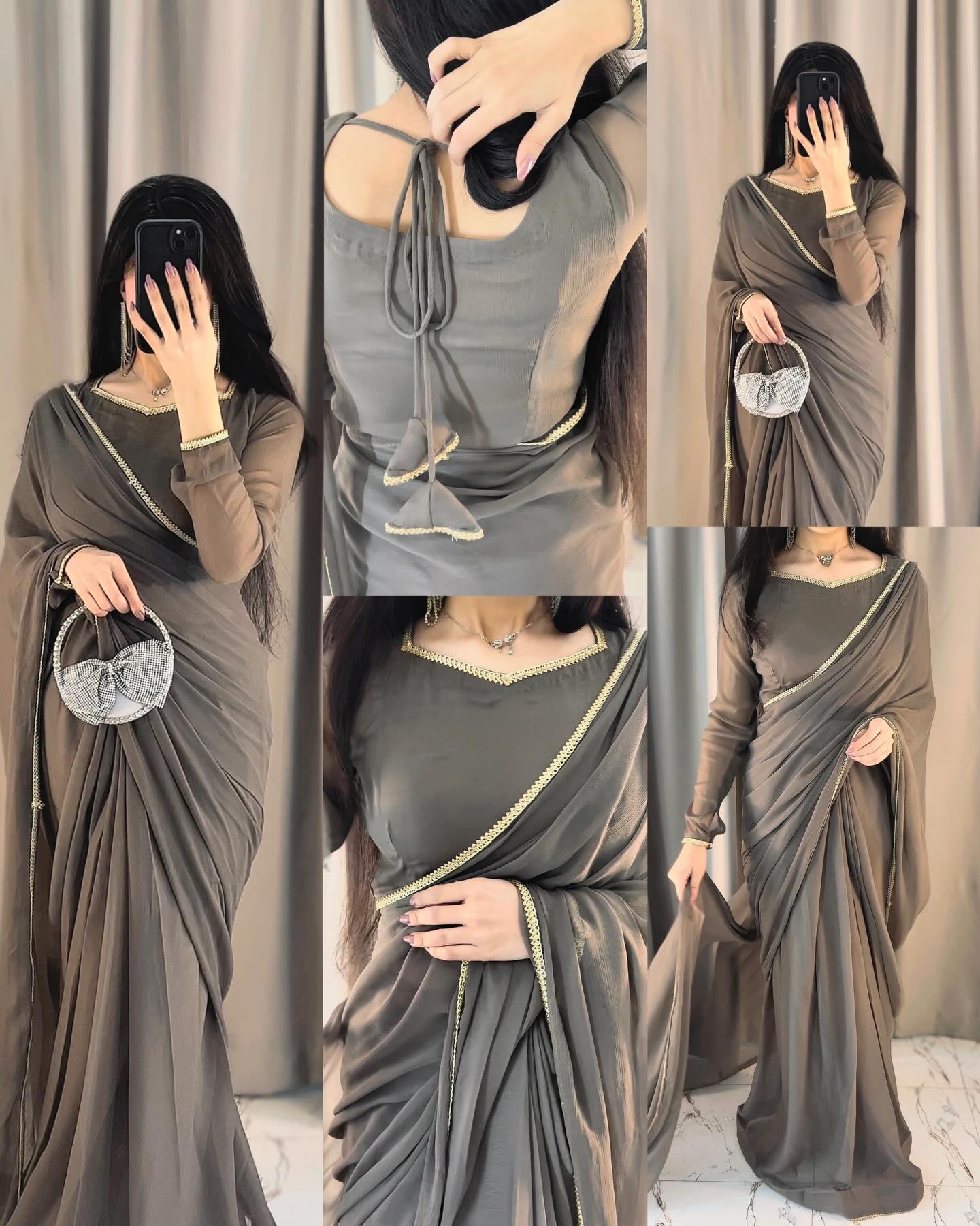 Solid Grey Lace Work Chiffon Saree Stitched