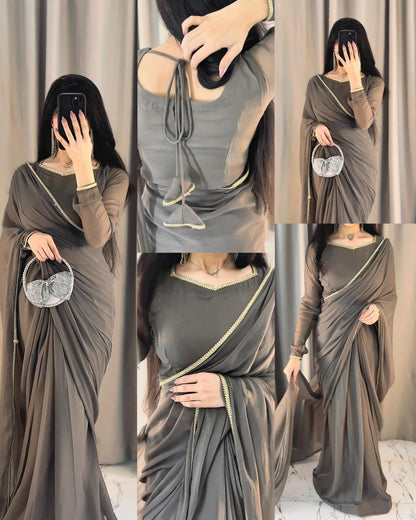 Solid Grey Lace Work Chiffon Saree Stitched