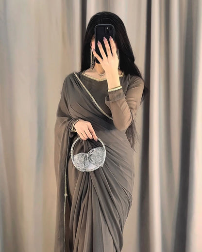 Solid Grey Lace Work Chiffon Saree Stitched