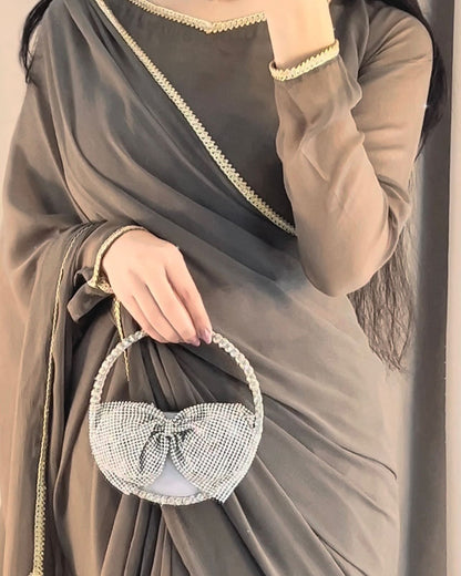 Solid Grey Lace Work Chiffon Saree Stitched