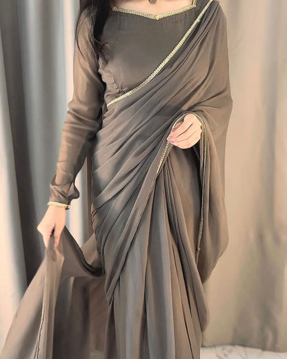 Solid Grey Lace Work Chiffon Saree Stitched
