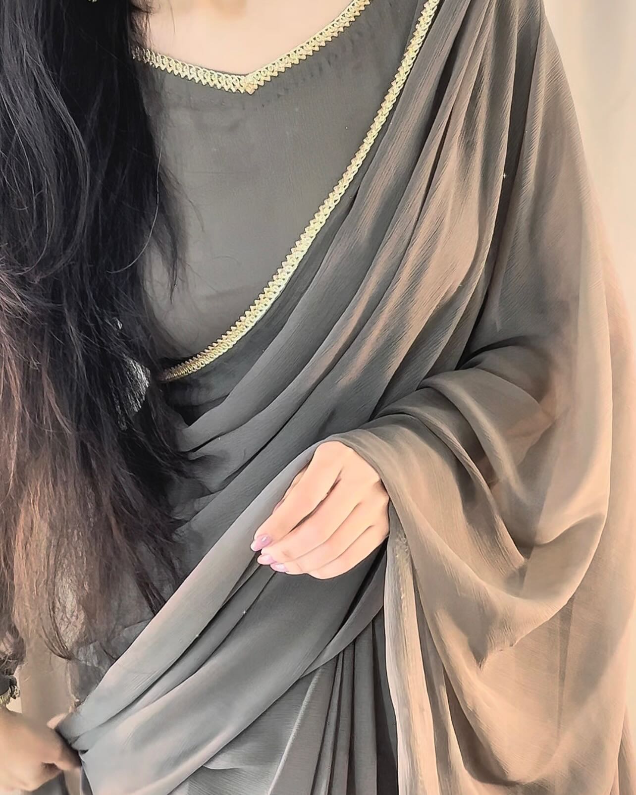 Solid Grey Lace Work Chiffon Saree Stitched