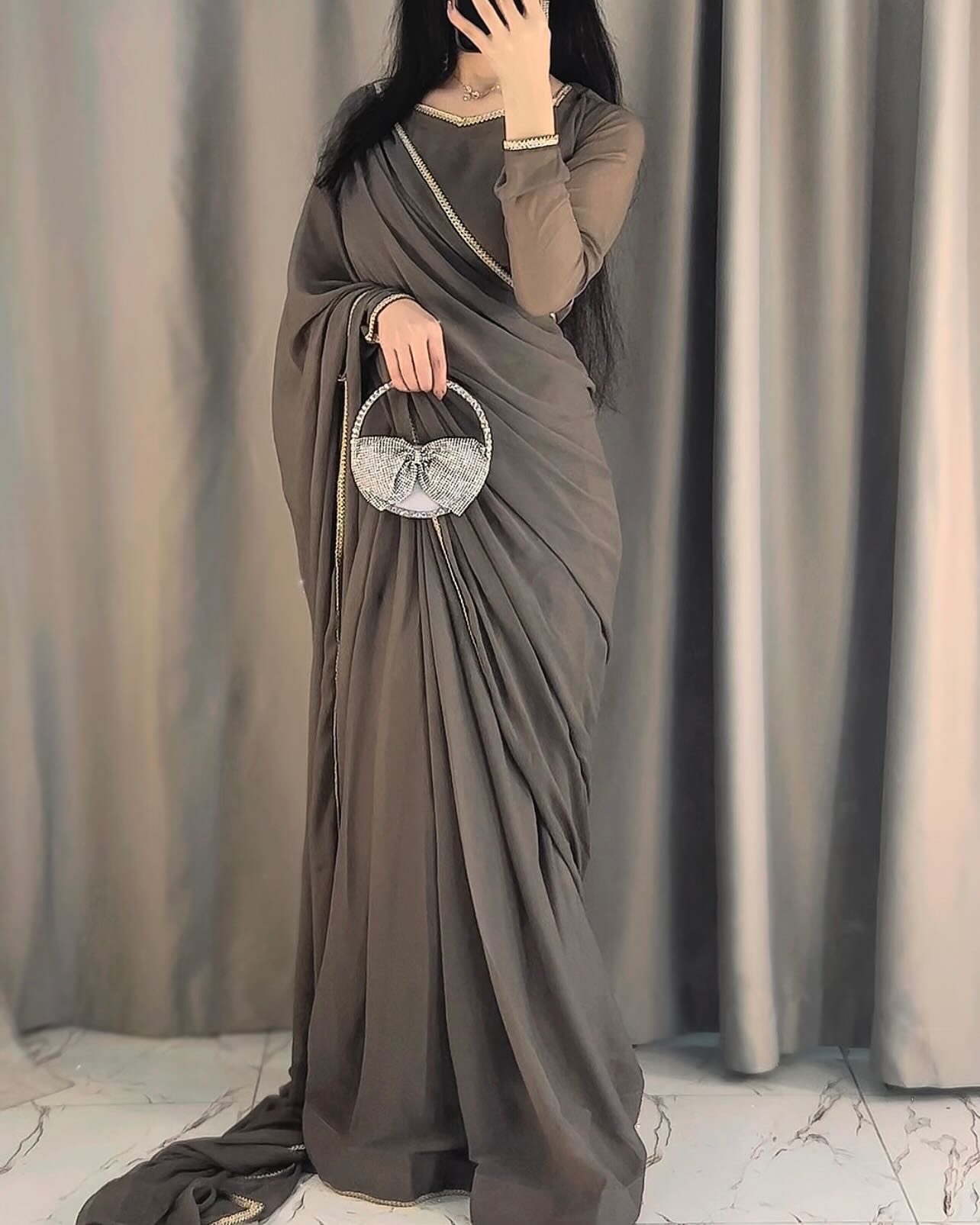 Solid Grey Lace Work Chiffon Saree Stitched