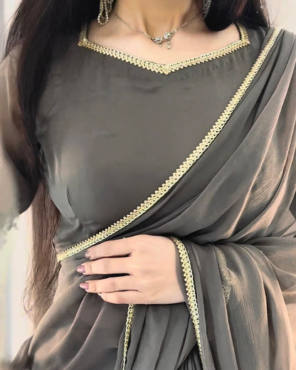 Solid Grey Lace Work Chiffon Saree Stitched