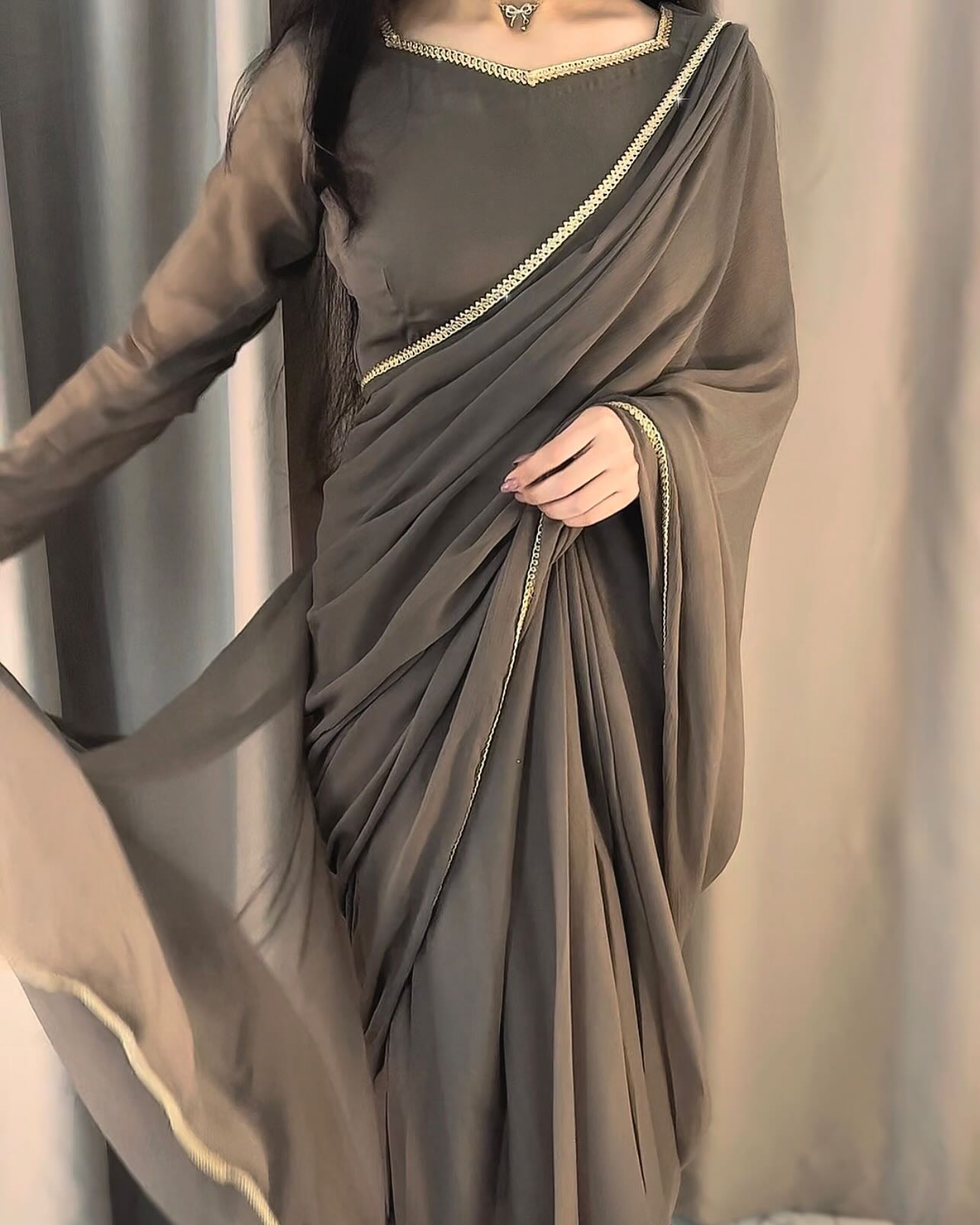Solid Grey Lace Work Chiffon Saree Stitched