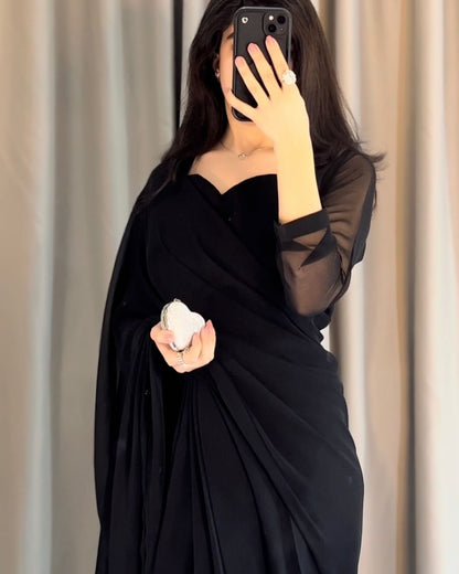 Plain Heart Shaped Neck Grace Signature Chiffon Saree (Stitched)