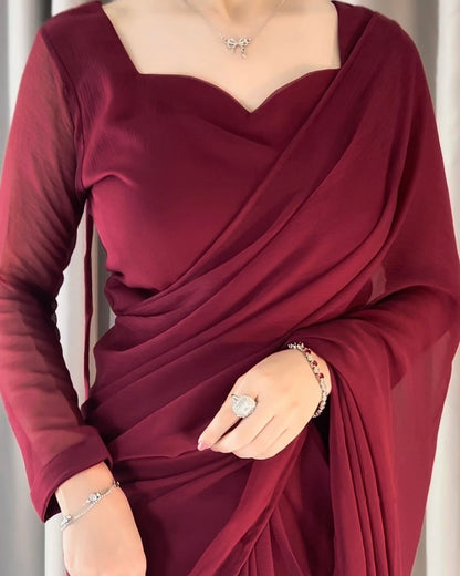 Plain Heart Shaped Neck Grace Signature Chiffon Saree (Stitched)