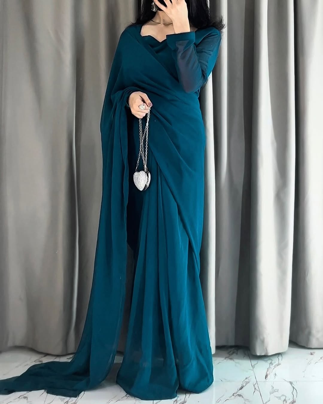 Plain Heart Shaped Neck Grace Signature Chiffon Saree (Stitched)