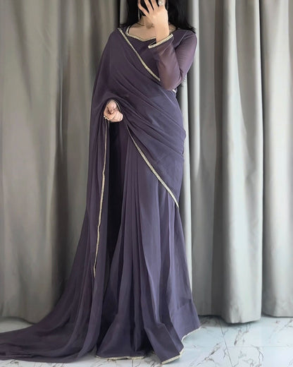 Lace Work Chiffon Saree Stitched