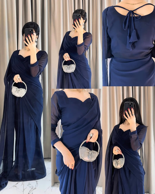 Plain Heart Shaped Neck Grace Signature Chiffon Saree (Stitched)