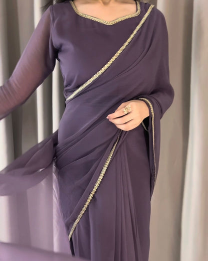 Lace Work Chiffon Saree Stitched