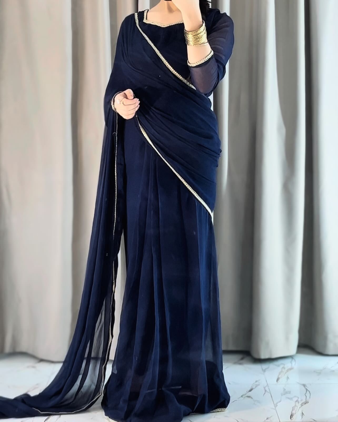 Lace Work Chiffon Saree Stitched