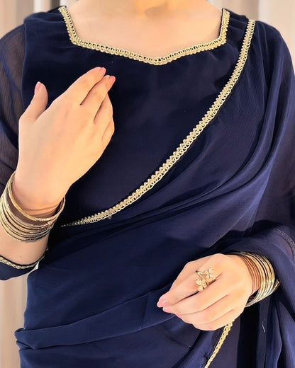 Lace Work Chiffon Saree Stitched