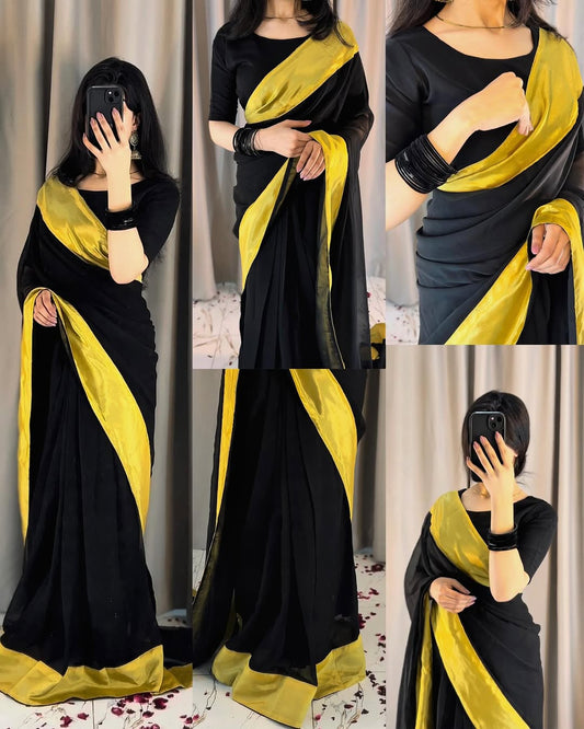 Afsana Black Gold Chiffon Saree (Stitched)