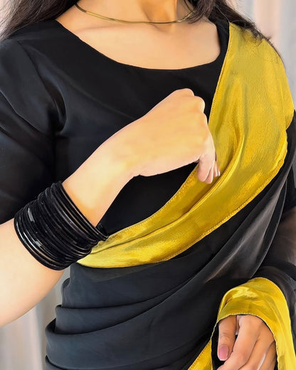 Afsana Black Gold Chiffon Saree (Stitched)
