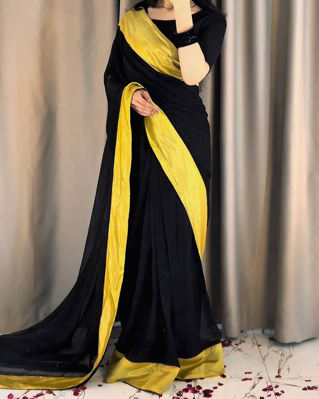 Afsana Black Gold Chiffon Saree (Stitched)