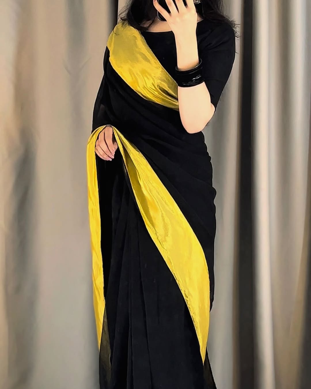 Afsana Black Gold Chiffon Saree (Stitched)