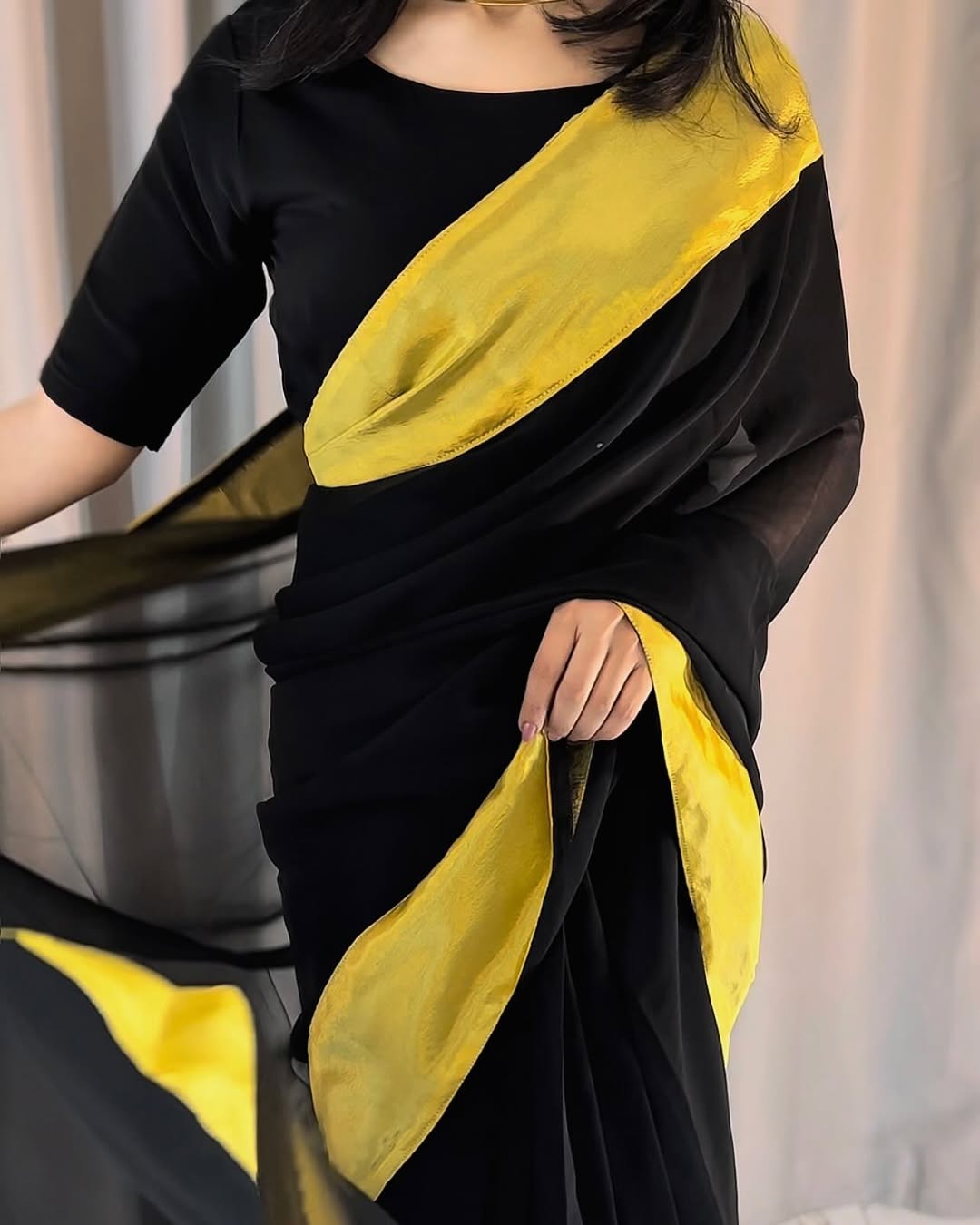 Afsana Black Gold Chiffon Saree (Stitched)