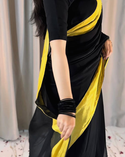 Afsana Black Gold Chiffon Saree (Stitched)
