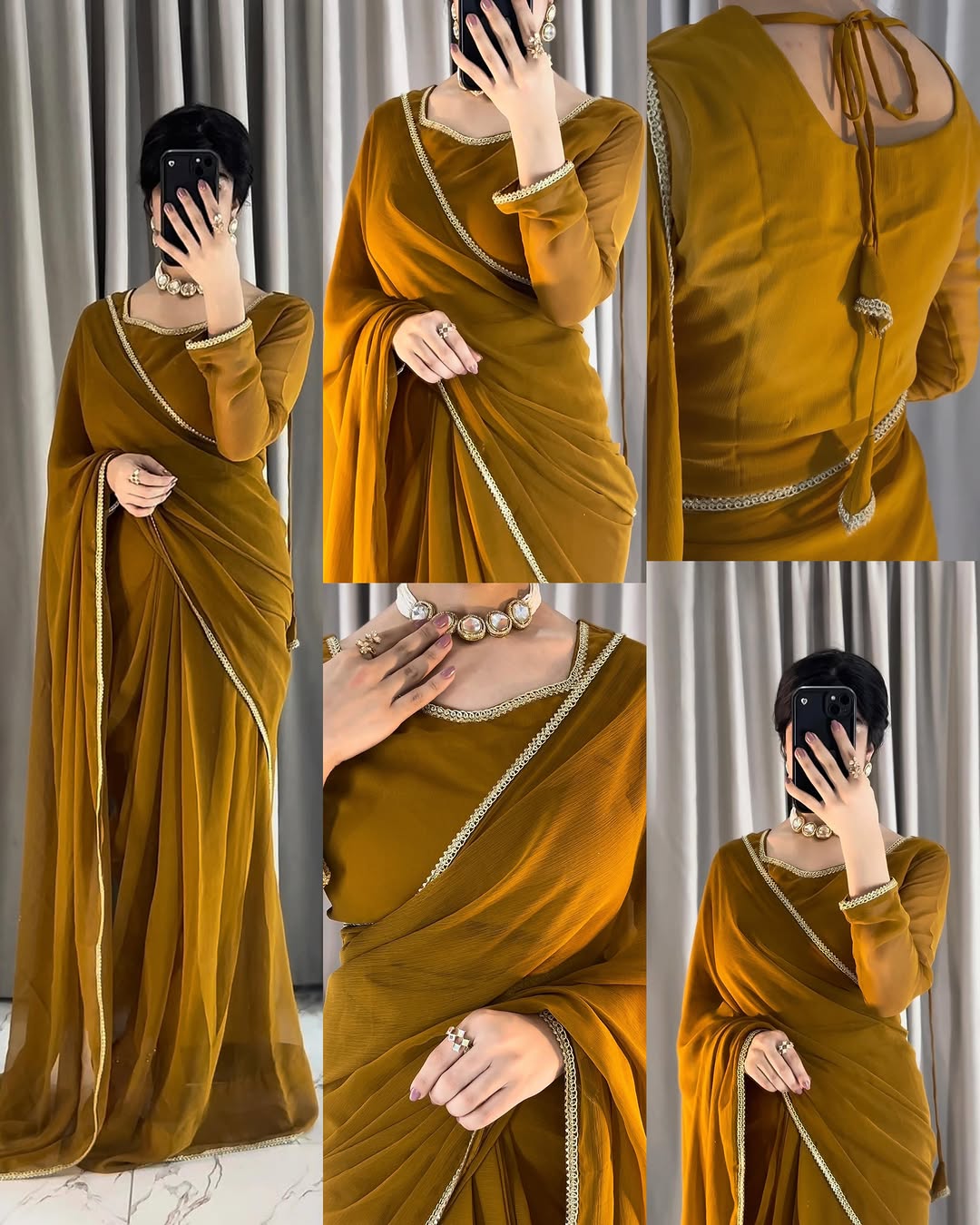 Lace Work Chiffon Saree Stitched