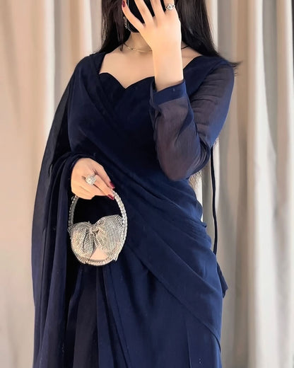 Plain Heart Shaped Neck Grace Signature Chiffon Saree (Stitched)