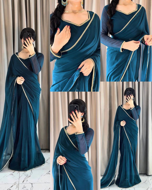 Lace Work Chiffon Saree Stitched