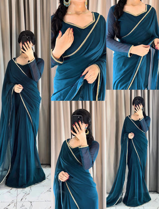 Lace Work Chiffon Saree Stitched