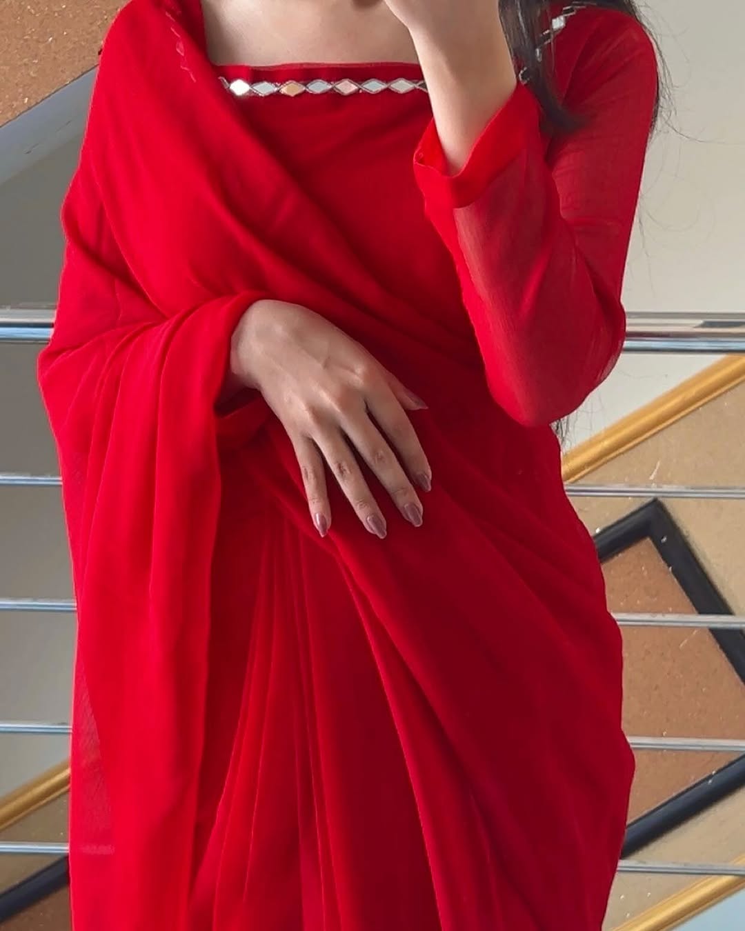 Shama-e-Husn Chiffon Saree Red