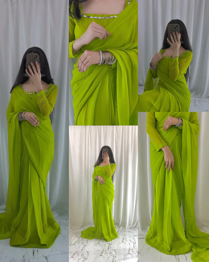 Shama-e-Husn Chiffon Saree Parrot Green