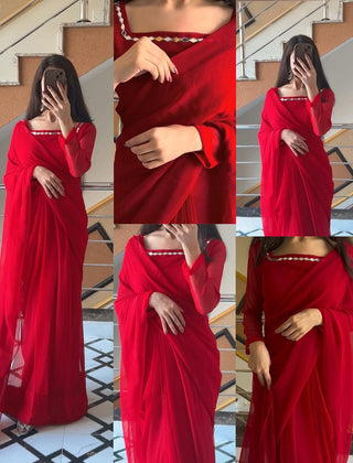 Shama-e-Husn Chiffon Saree Red Stitched