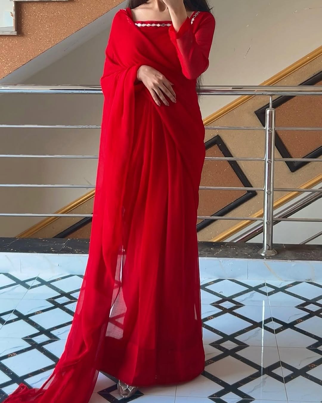 Shama-e-Husn Chiffon Saree Red