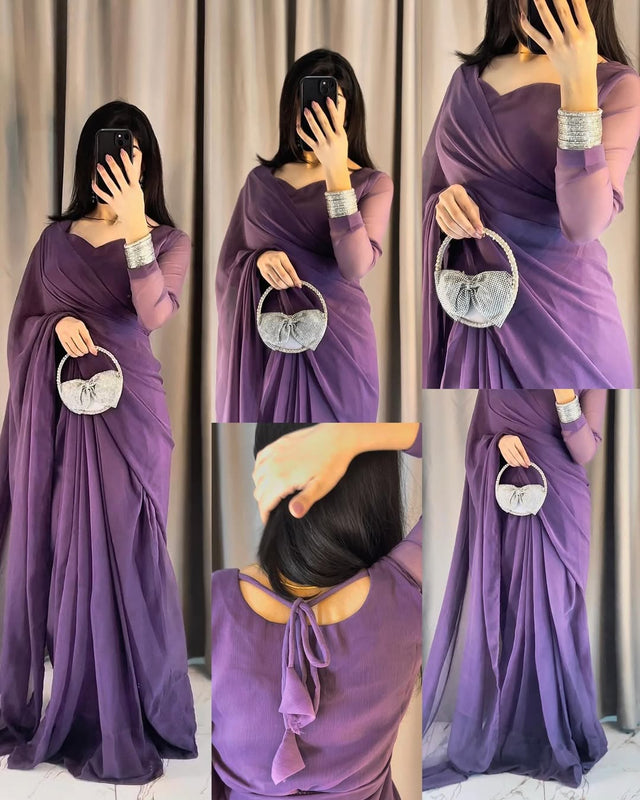 Plain Heart Shaped Neck Grace Signature Chiffon Saree (Stitched)