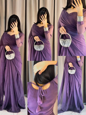 Plain Heart Shaped Neck Grace Signature Chiffon Saree (Stitched)