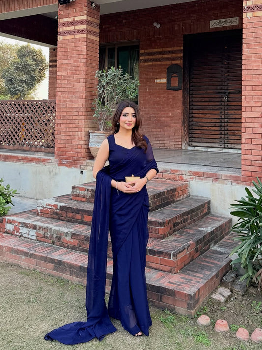 Sleeveless Blouse Navy Blue Chiffon Saree Stitched