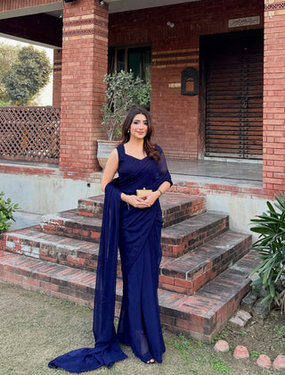 Sleeveless Blouse Navy Blue Chiffon Saree Stitched